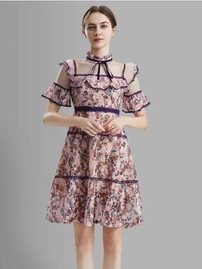Ruiyangfushi Floral Lace Trim A-Line Dress in Light Pink